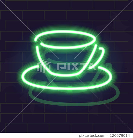 Neon cappuccino coffee in cup. Isolated illustration on brick wall background Neon cappuccino coffee in cup. Isolated illustration on brick wall background 120679014