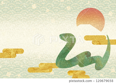 Japanese-style New Year's card template for the year of the snake, horizontal 3 (without greeting text) Snake, Mt. Fuji, sunrise, clouds 120679038