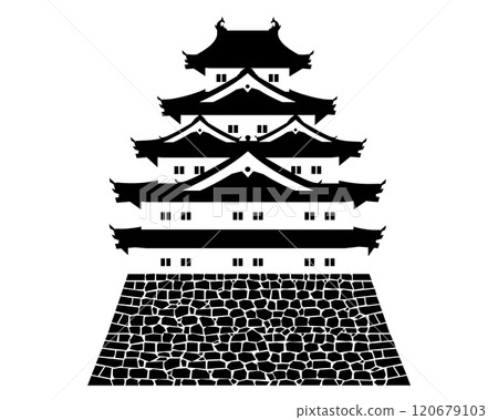 日本城堡，五層城堡塔的黑白插圖 120679103