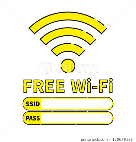 Wi-Fi icon with text, stylish, dashed line, retro style, yellow, SSID and PASS entry Wi-Fi icon with text, stylish, dashed line, retro style, yellow, SSID and PASS entry 120679181