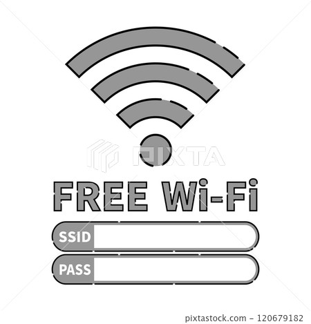 Wi-Fi icon with text, stylish, dashed line, retro style, gray, monochrome, SSID and PASS entry 120679182