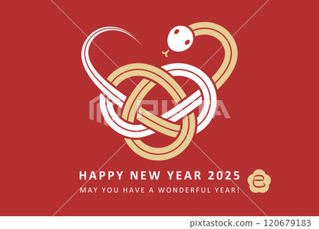 2025 Year of the Snake New Year's card design - Cute baby in Mizuhiki style on red background 120679183