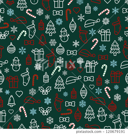 Christmas, New Year, holidays, contour drawing, seamless pattern, illustration, vector Christmas, New Year, holidays, contour drawing, seamless pattern, illustration, vector 120679191