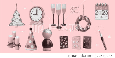 Happy New Year cozy halftone collage elements set for collages design, retro banners and vintage posters. Vintage vector illustration. Happy New Year cozy halftone collage elements set for collages design, retro banners and vintage posters. Vintage vector illustration. 120679287