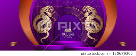 Happy Chinese New Year, illustration with isolated snake, Asian elements in purple and gold shade 120679303