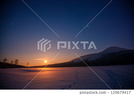 Sunset Sun and Starry Sky over Northern Landscape 120679417