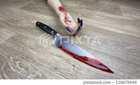 Bloody knife on floor with background of victim in blood. Murder with kitchen knife in crime scene. Murder weapon and girl's hand covered in blood for true crime documentary project Bloody knife on floor with background of victim in blood. Murder with kitchen knife in crime scene. Murder weapon and girl's hand covered in blood for true crime documentary project 120679440