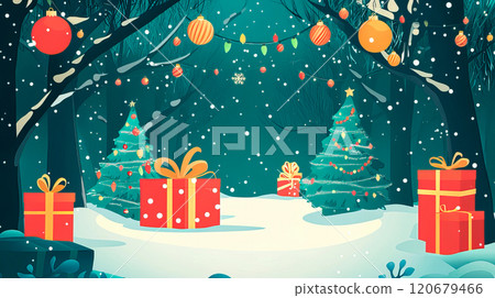 Christmas greeting background with pine tree and gift boxes Christmas greeting background with pine tree and gift boxes 120679466