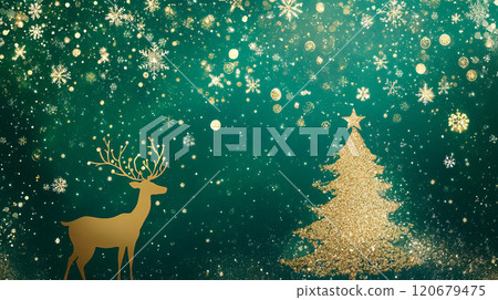 Christmas background with glittering christmas tree, snowflakes and deer with antlers 120679475