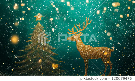 Christmas background with glittering christmas tree, snowflakes and deer with antlers 120679476