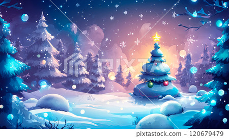 Christmas greeting background with pine tree on Christmas night Christmas greeting background with pine tree on Christmas night 120679479