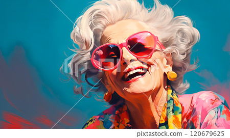 Cheerful glamorous old woman with gray hair dressed in pink. Concept of fun old age or eternal youth 120679625