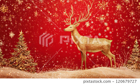 Christmas background with glittering christmas tree, snowflakes and deer with antlers 120679727