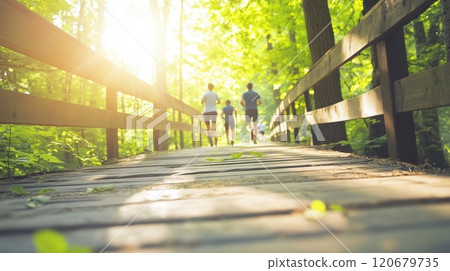 A running club enjoys a vibrant outdoor workout while crossing a wooden bridge in a sunny forest setting 120679735