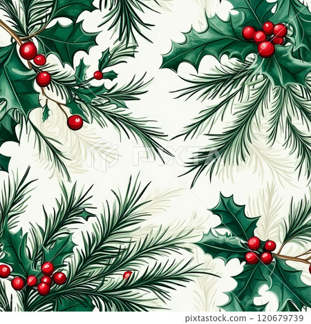 Christmas pattern with fir branches and holly berry 120679739