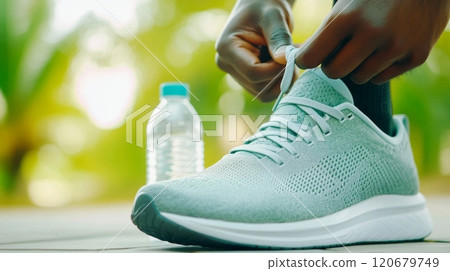 Runner ties sneakers, ready for a workout in a vibrant park's supportive atmosphere 120679749