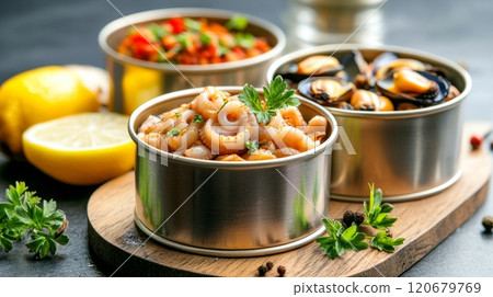 Preserved mussels and squid on a wooden board enhanced with lemon, herbs, and spices in natural daylight 120679769