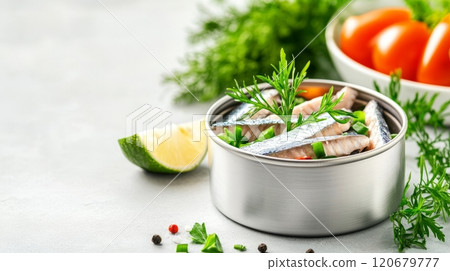 Open metal can of smoked mackerel in oil is presented with garnishes and fresh ingredients against a light background 120679777