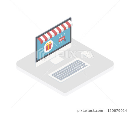 E-Commerce Product Isometric Illustration. Simple style online shopping. Internet sale il online shop. Shopping online on computer or laptop. E-Commerce Product Isometric Illustration. Simple style online shopping. Internet sale il online shop. Shopping online on computer or laptop. 120679914
