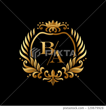 Vintage floral gold frame with initial text on the black background. 120679928