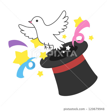Flat illustration of a white dove flying out of a top hat by magic trick Flat illustration of a white dove flying out of a top hat by magic trick 120679948