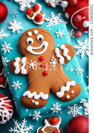 A gingerbread man on a blue background surrounded by christmas decorations 120680002