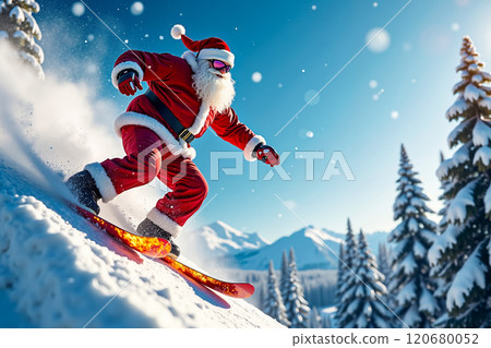 A man dressed as Santa Claus skiing down a snowy hill 120680052