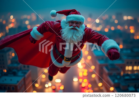 A man dressed as Santa Claus flying over a city at night 120680073