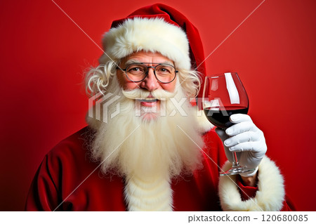 A man dressed as Santa Claus holding a glass of red wine 120680085