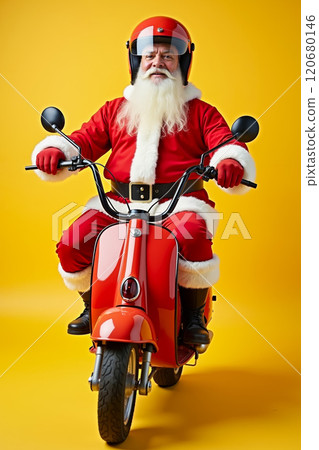 A man dressed as Santa Claus riding a red scooter A man dressed as Santa Claus riding a red scooter 120680146