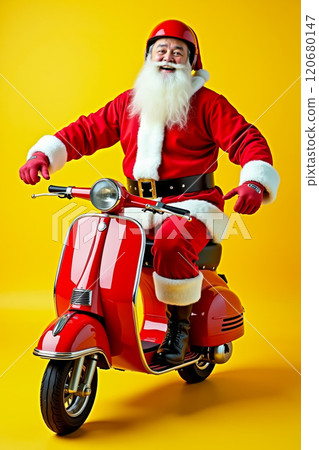 A man dressed as Santa Claus riding a red scooter 120680147