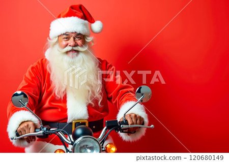 A man dressed as Santa Claus riding a motorcycle 120680149