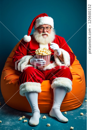 A man dressed as Santa Claus sitting on a bean bag chair eating popcorn 120680152