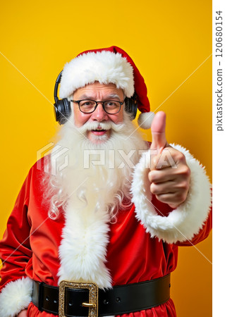 A man dressed as Santa Claus giving a thumbs up with headphones on 120680154