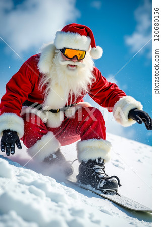 A man dressed as Santa Claus skiing down a snowy hill A man dressed as Santa Claus skiing down a snowy hill 120680156