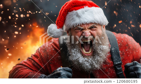 A man in a santa claus hat yelling in the snow 120680195