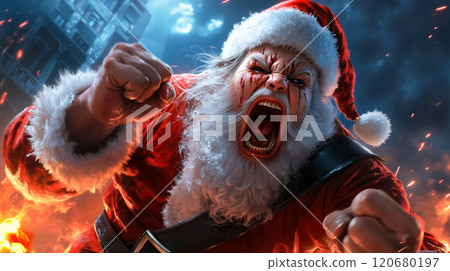 A man dressed as Santa Claus with his mouth open in front of a fire 120680197