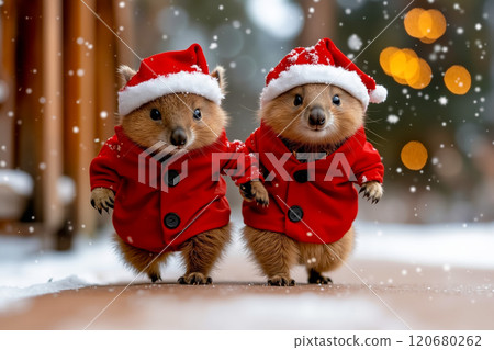 Two little hedgehogs dressed in red coats and santa hats Two little hedgehogs dressed in red coats and santa hats 120680262