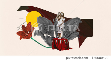 Siamese twin girls in white vintage costumes with makeup standing on red pedestal, surrounded by abstract elements. Contemporary art collage. Siamese twin girls in white vintage costumes with makeup standing on red pedestal, surrounded by abstract elements. Contemporary art collage. 120680320