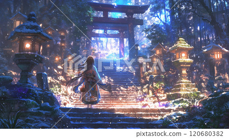 A beautiful shrine approach on a snowy night 120680382