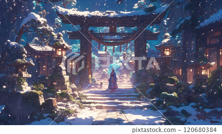 Snowy night approach to a shrine 120680384