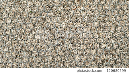 Cells with pebbles. Background texture pattern. Texture of floor view from above, Pavement made of cells with pebbles, texture. Concrete paving slabs, Above view concrete walkway or footpath 120680399