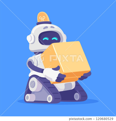 Robot and Modern Electronic Humanoid Machine Carry Cardboard Box Vector Illustration 120680529