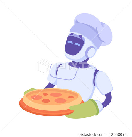 Robot Hold Pizza as Smart Android Assistant Machine Vector Illustration Robot Hold Pizza as Smart Android Assistant Machine Vector Illustration 120680553