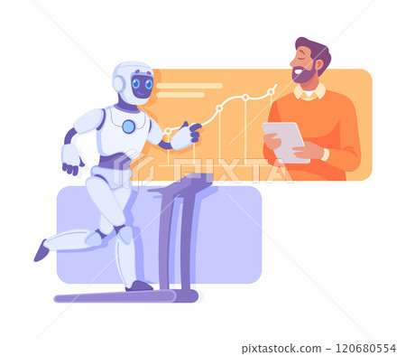 Robot Interact with Man in Business Process as Smart Android Assistant Machine Vector Illustration Robot Interact with Man in Business Process as Smart Android Assistant Machine Vector Illustration 120680554