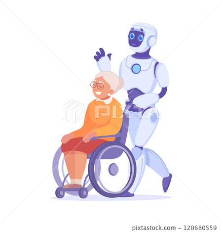 Robot Push Wheelchair with Senior Woman as Smart Android Assistant Machine Vector Illustration 120680559