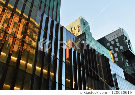Colorful glass skyscrapers, building facades, minimalistic cityscape, modern architecture 120680619