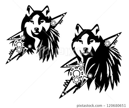 wild wolf head with tribal feather decor black and white vector portrait 120680651