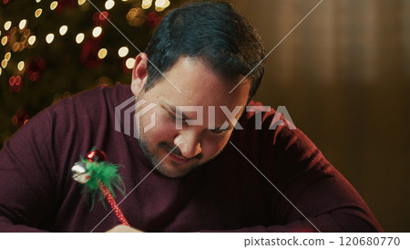 Happy Boy Writes Letter To Santa Claus Smiling And Wishing On Christmas Night Happy Boy Writes Letter To Santa Claus Smiling And Wishing On Christmas Night 120680770