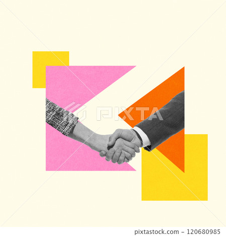 Firm shaking of two businessmen, symbolizing agreement and collaboration in business. Contemporary art collage. 120680985
